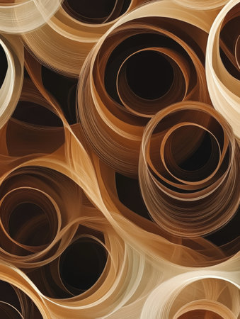 The artwork features overlapping coffee cup rings in diverse shades of brown, forming an intricate and eye-catching abstract pattern.の素材