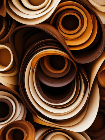 An intricate array of coffee cup rings creates a vibrant and organic pattern with rich shades of brown overlapping harmoniously.の素材