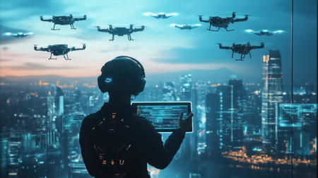 The pilot skillfully controls a swarm of advanced drones with a touchpad, monitoring the expansive cityscape in the background.の素材