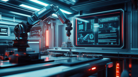 A robotic arm skillfully constructs complex machinery amidst high-tech equipment and illuminated displays in a cutting-edge laboratory.の素材
