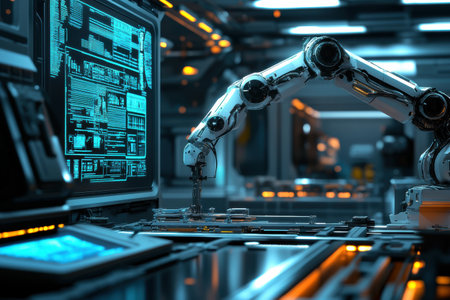 In a sleek lab, a robotic arm expertly assembles complex machinery using advanced tools and illuminated technology.の素材