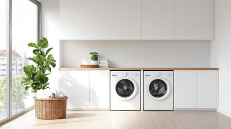 This modern laundry room features built-in washing and drying machines, sleek cabinetry, and a laundry basket on the floor.の素材