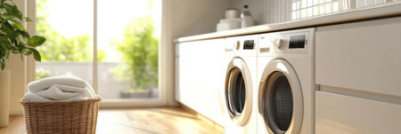 This modern laundry room features built-in washing and drying machines, sleek cabinetry, and a basket filled with clean laundry.の素材