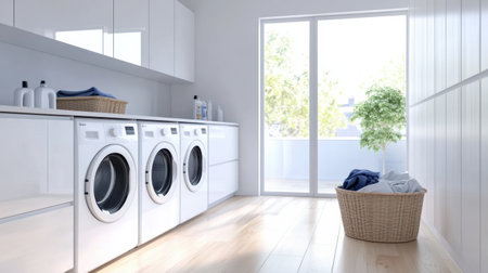 This contemporary laundry room is equipped with built-in washing and drying machines, white cabinets, and a basket of laundry nearby.の素材