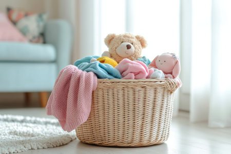 The laundry basket is filled with vibrant children's clothing alongside cuddly soft toys, creating a cheerful atmosphere in the room.の素材