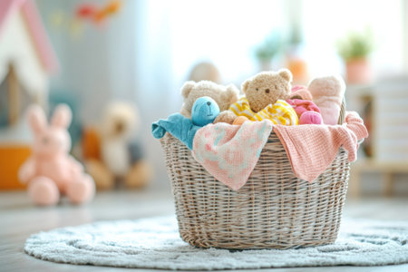 Brightly colored children's clothes and soft toys fill a laundry basket in a sunlit room, creating a cozy and playful atmosphere.の素材
