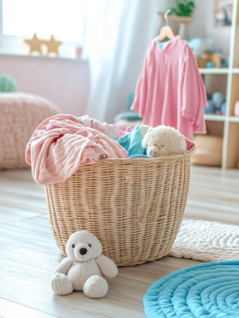A well-lit room showcases a laundry basket overflowing with vibrant children's clothing and playful soft toys, creating a cozy atmosphere.の素材