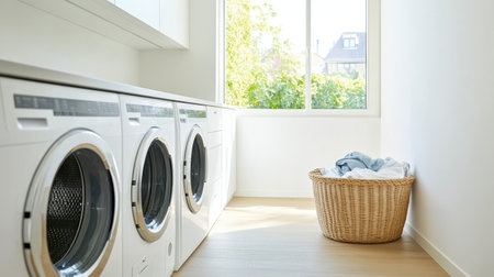 This modern laundry room showcases built-in washing and drying machines with cabinets, complemented by a basket of laundry nearby.の素材