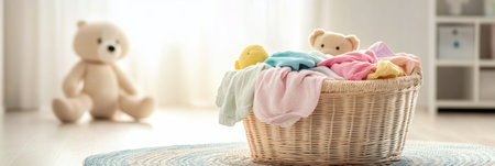 A basket of laundry overflowed with vibrant childrenの素材
