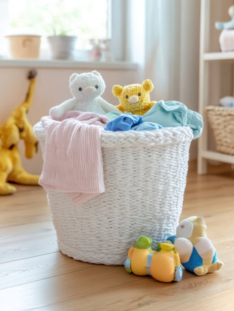Brightly colored children's clothes and soft toys are neatly placed in a laundry basket in a sunlit room, creating a joyful atmosphere.の素材