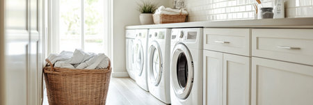 This modern laundry room showcases built-in washing and drying machines, sleek cabinetry, and a basket of clean laundry waiting to be folded.の素材
