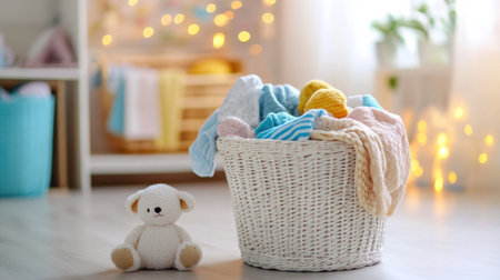 A basket of laundry overflowing with vibrant children's clothing and plush toys sits in a sunlit room, creating a cozy atmosphere.の素材