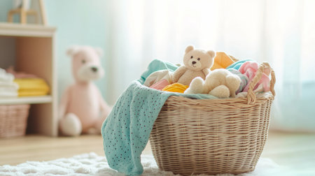 A basket laundry overflows with colorful children's clothing and soft toys, brightening up a light-filled room.の素材