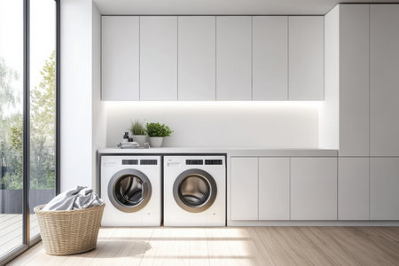 This contemporary laundry area showcases built-in washers and dryers, polished white cabinetry, and a basket of freshly washed laundry.の素材