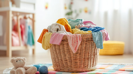 A basket of laundry overflowing with vibrant childrenの素材