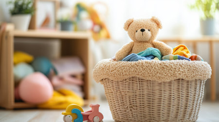 A laundry basket filled with vibrant children's clothes and a plush bear sits in a sunny room, creating a playful and inviting atmosphere.の素材
