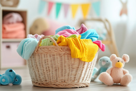 A laundry basket is filled with vibrant children's clothing and plush toys in a bright room bathed in sunlight and playful decor.の素材