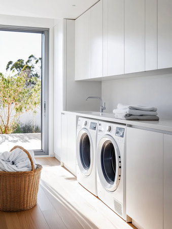 The laundry room showcases built-in washer and dryer units, bright white cabinetry, and a laundry basket ready for use.の素材