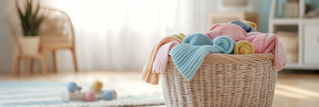 Colorful children's clothing and soft toys fill a laundry basket, brightening the light-filled room with playful joy.の素材