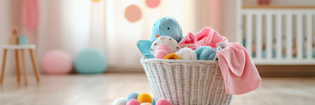The colorful laundry basket brims with children's clothing and plush toys, adding a playful touch to the sunlit room.の素材