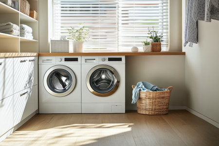 This laundry room showcases sleek cabinetry, built-in machines, and a basket of neatly arranged laundry nearby.の素材
