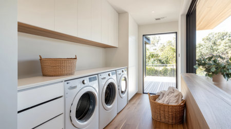 This room laundry features built-in washing and drying machines, sleek cabinets, and baskets for convenient laundry organization.の素材