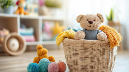 A basket of laundry overflowing with vibrant children's clothing and cuddly toys is set in a sunny, cheerful room.の素材