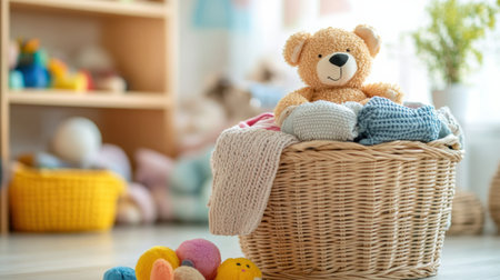 In a sunlit room, a laundry basket overflows with vibrant children's clothing and plush toys, creating a warm, inviting space.の素材