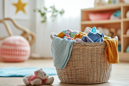 A basket of laundry overflows with vibrant children's clothing and soft toys in a sunny room, creating a warm and inviting atmosphere.の素材