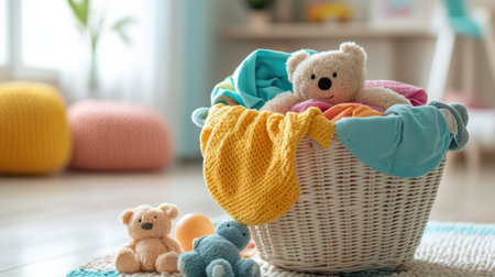 The room is filled with light, featuring a laundry basket brimming with vibrant children's garments and plush toys.の素材