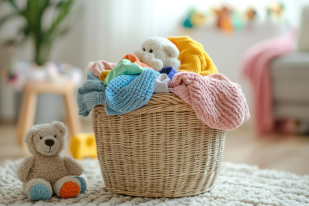 Brightly colored children's clothes and soft toys fill a laundry basket, creating a cheerful atmosphere in a sunny room.の素材