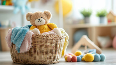 A cozy, sunlit space features a laundry basket brimming with colorful clothes and a cheerful teddy bear, inviting playful activities.の素材