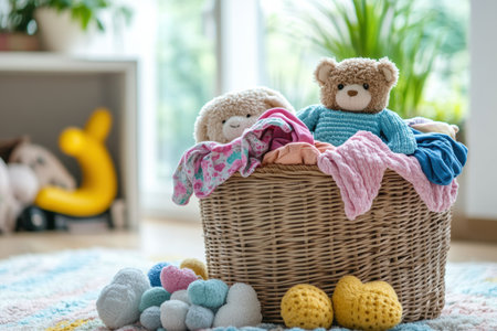 A basket of laundry overflowing with vibrant childrenの素材