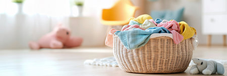 A basket of laundry overflowing with vibrant children's clothes and soft toys adds a cheerful touch to a sunny room.の素材