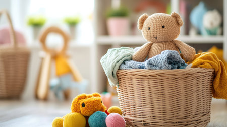 A cozy room showcases a laundry basket brimming with vibrant children's clothing and cuddly soft toys under soft, natural light.の素材