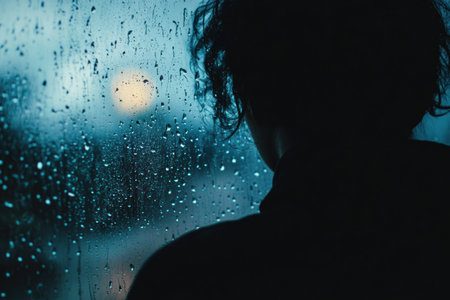 A lone person stands by a window, watching raindrops slide down the glass while immersed in deep thought on a cloudy day.の素材