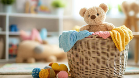 The basket laundry overflows with colorful clothes and a teddy bear, brightening the cheerful playroom filled with sunlight.の素材