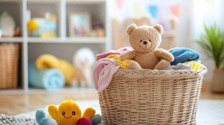 A cozy playroom filled with sunlight features a laundry basket overflowing with colorful clothes and playful stuffed toys.の素材