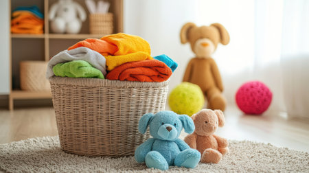 Brightly colored children's clothes and soft toys fill a laundry basket in a sunny, cheerful playroom setting.の素材