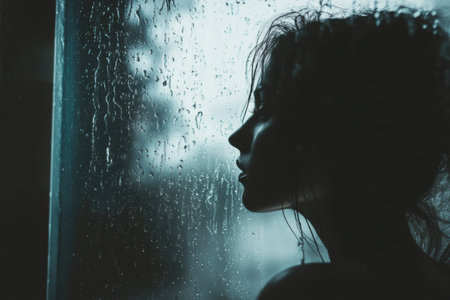 A lone figure stands by a rain-soaked window, lost in introspection as raindrops trickle down the glass in a soft, melancholy light.の素材