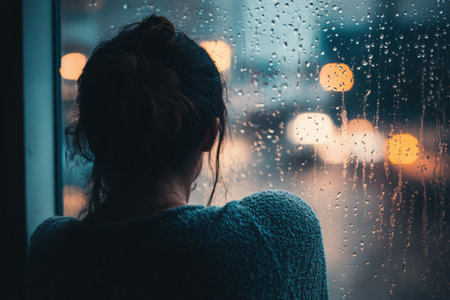 A solitary person looks out at the rain-soaked landscape, reflecting on memories while droplets trickle softly down the glass.の素材