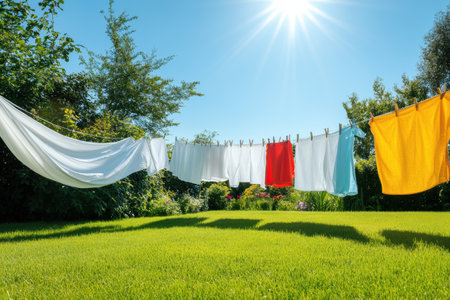 Colorful clothes and white sheets hang from a clothesline in a vibrant garden, swaying gently in the warm breeze beneath the sun. Generative AIの素材
