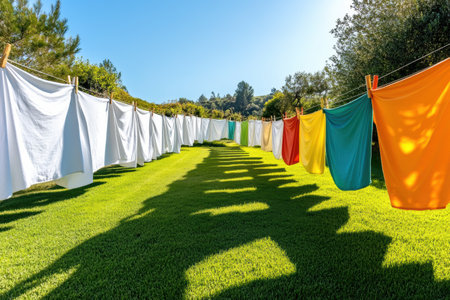 Bright sunlight casts gentle shadows over a lush garden where white sheets and colorful clothes sway softly on a clothesline. Generative AIの素材