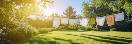 Bright sunlight bathes the garden while fresh laundry flutters on the clothesline surrounded by lush greenery and blooming flowers. Generative AIの素材