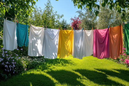 Brightly colored clothes and crisp white sheets hang on a clothesline in a lush garden under the warm sun, creating a cheerful atmosphere. Generative AIの素材