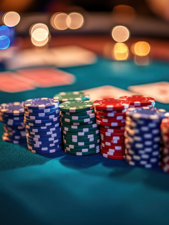 Various stacks of colorful poker chips are arranged on a casino table, creating an inviting atmosphere for players at night.の素材