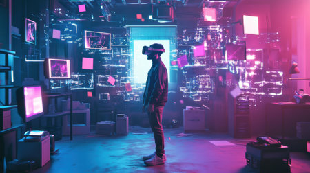 A virtual reality designer explores floating 3D objects while wearing a VR headset in a colorful, contemporary studio setting.の素材