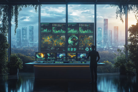 A climate change analyst observes real-time data from multiple screens while eco-friendly cities and green landscapes fill the windows.の素材