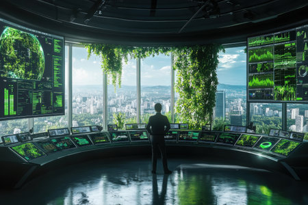 A climate change analyst monitors extensive screens showing climate data with green landscapes visible through the large windows.の素材