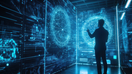 An interact with floating holographic information and neural network designs in a high-tech workspace after dark.の素材